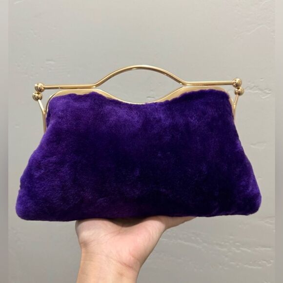 Purple Real Shearling Leather Double Kisslock & Top Handle Clutch with 2 Straps - Picture 6 of 16